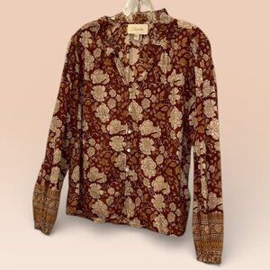Cleobella earthy brown warm floral print button down balloon sleeve top M
